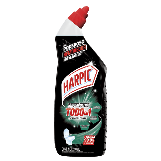 Botella negra de Harpic Power Ultra Todo en 1 Desinfectante de 200ml