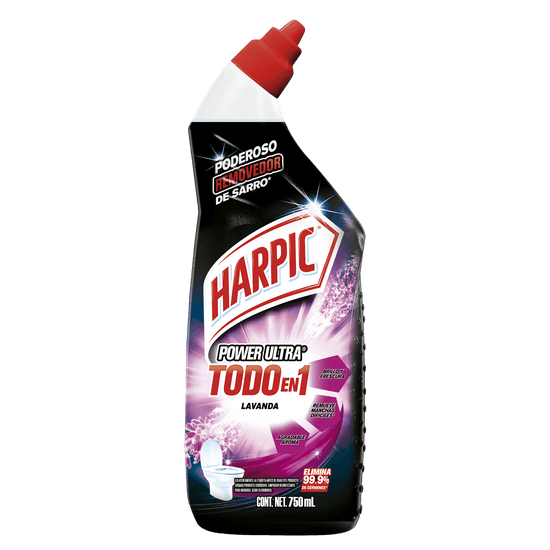 Botella negra de Harpic Power Ultra Todo en 1 Lavanda de 750ml
