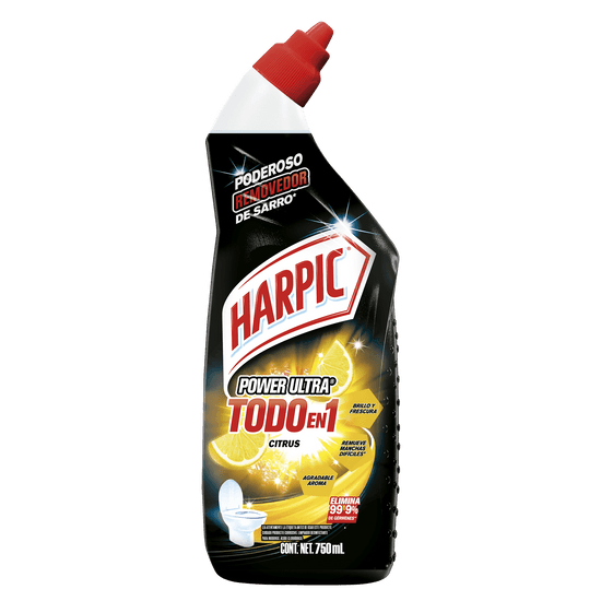Botella negra de Harpic Power Ultra Todo en 1 Citrus de 750ml